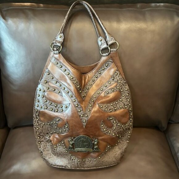 NWOT Charm & Luck Equestrian Style Brown Leather Brass Studded Purse Handbag - Picture 4 of 14